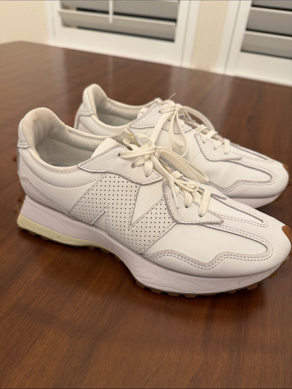 New Balance Women’s White Leather Perforated Lace-Up Sneakers with Cream Accents